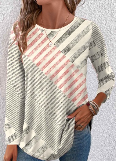 Modlily Beige Patchwork Geometric Print Long Sleeve T Shirt