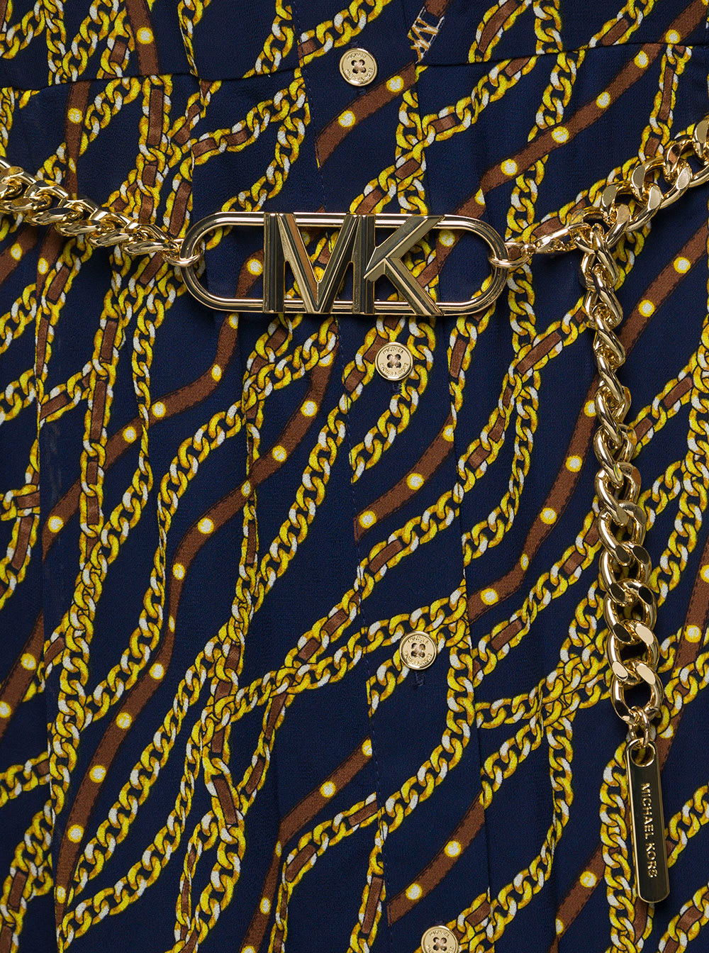 Black And Gold-tone Midi Shirt Dess With Chain Print All-over In Polyester Woman