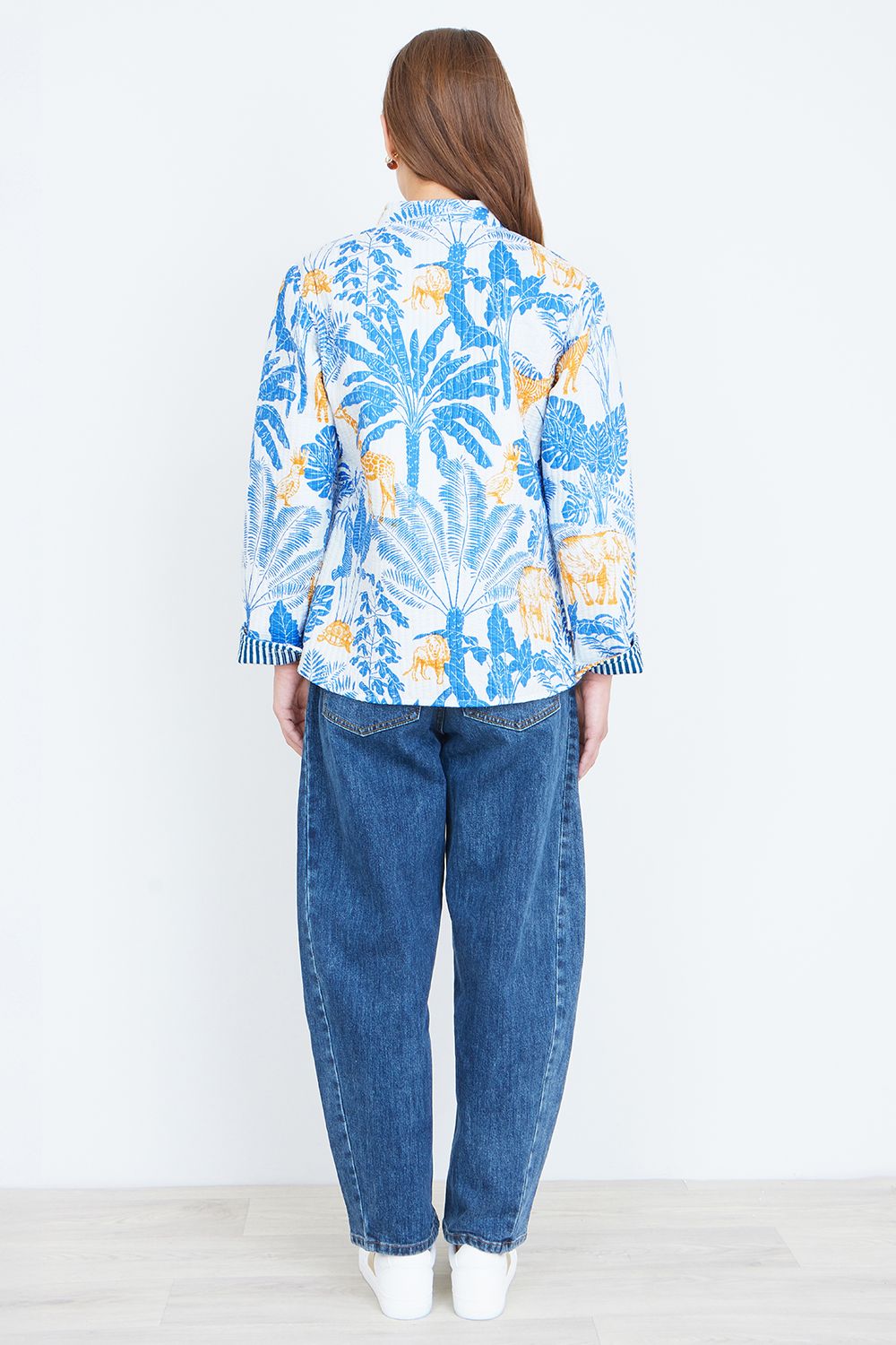 Yumi Women's Blue Jungle Reversible Cotton Quilted Jacket in Bright Blue