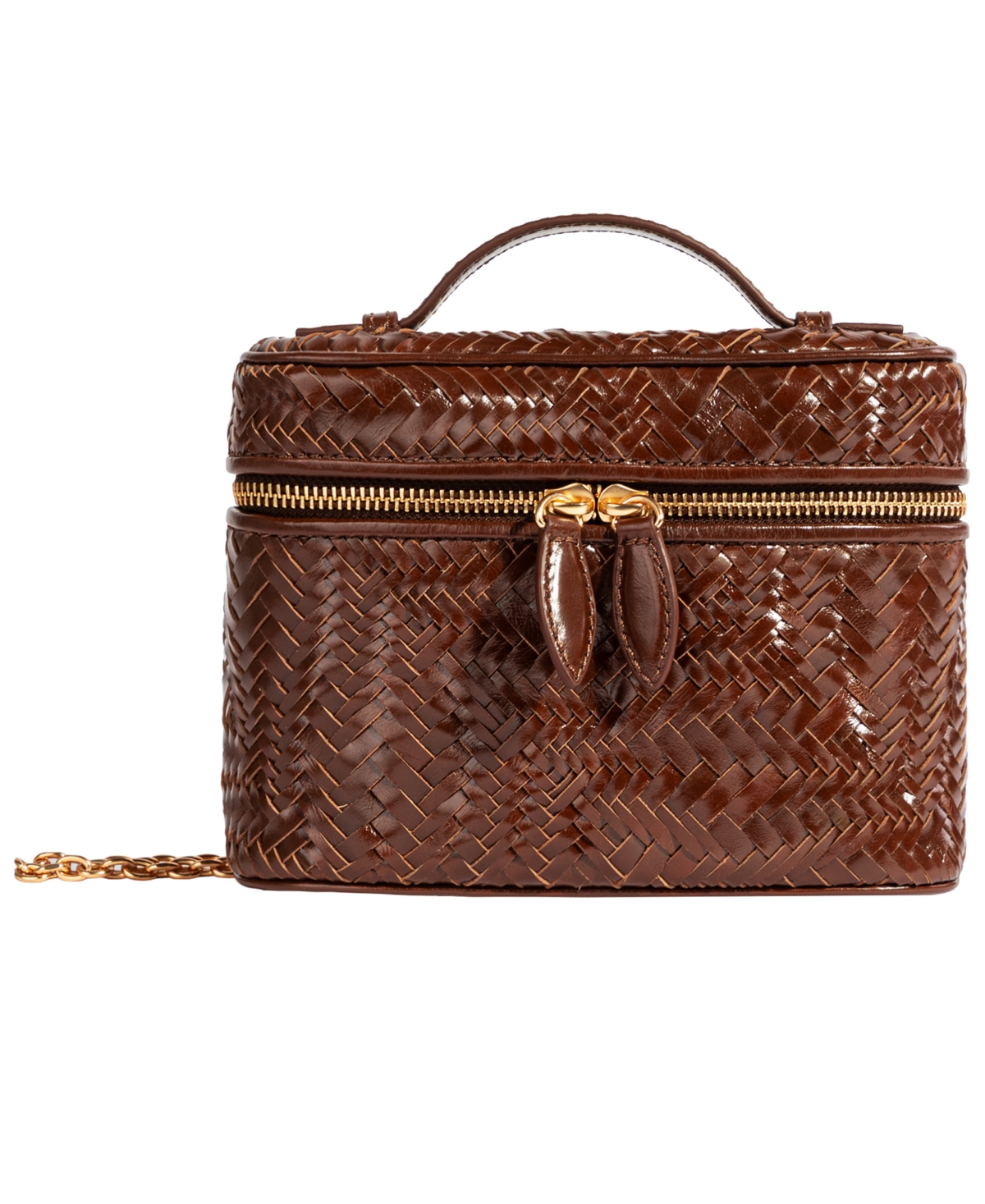 Charli Woven Leather Small Top Handle Crossbody Handbag - Dark Cognac