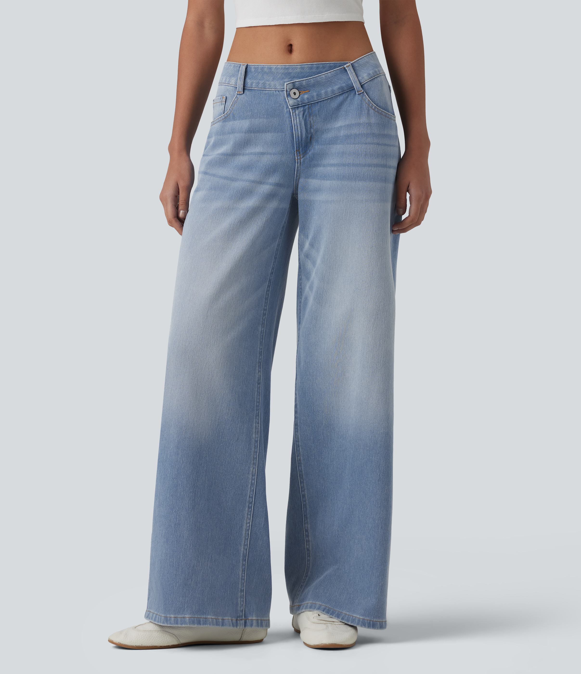 Flex™ Asymmetric Low Rise Zipper Pockets Baggy Wide Leg Washed Casual Jeans  - Light Blue – Glacier Light Blue