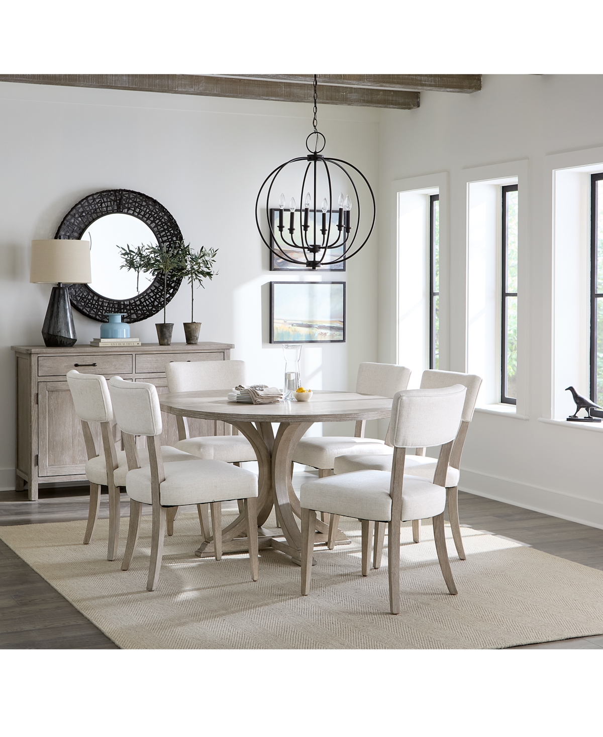 Sadie 7-Pc. Round Dining Set (Table & 6 Upholstered Side Chairs), Created for Gray