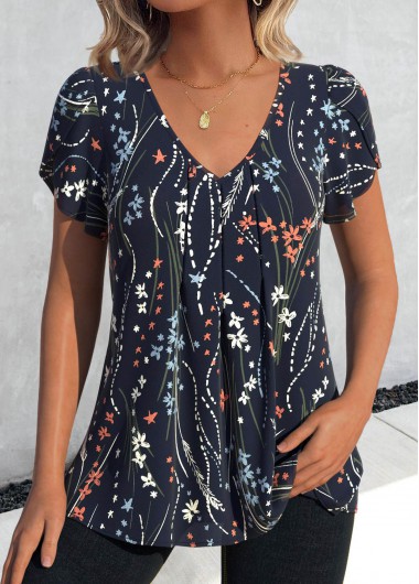 Modlily Navy Floral Print Short Sleeve V Neck T Shirt