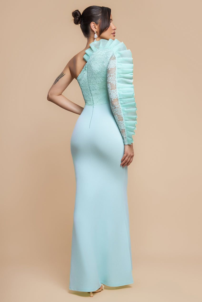 One Shoulder Organza  Fan Detail Lace Bodice Maxi Dress
