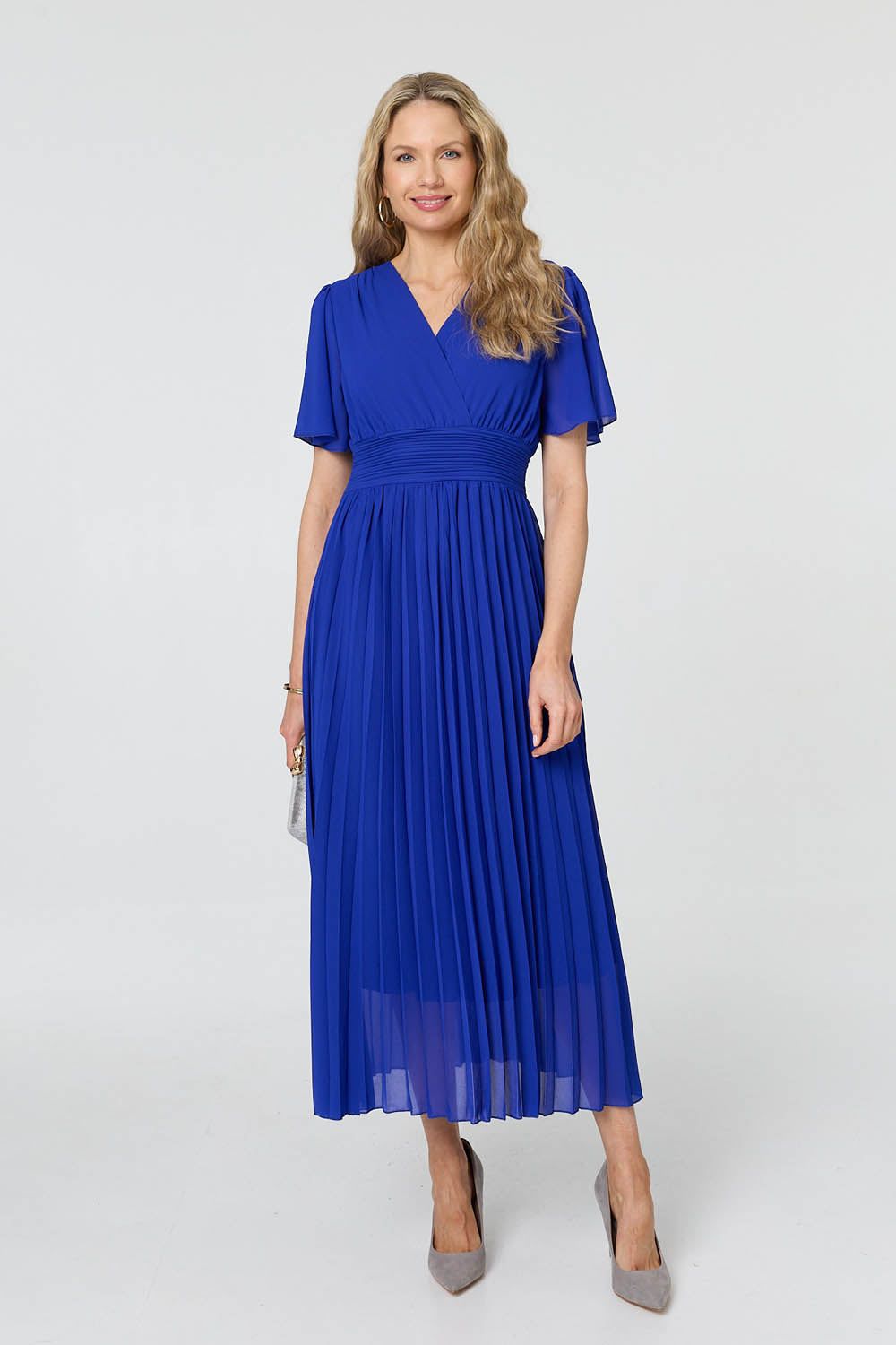 Izabel London Pleated Semi Sheer Layered Maxi Dress In Blue