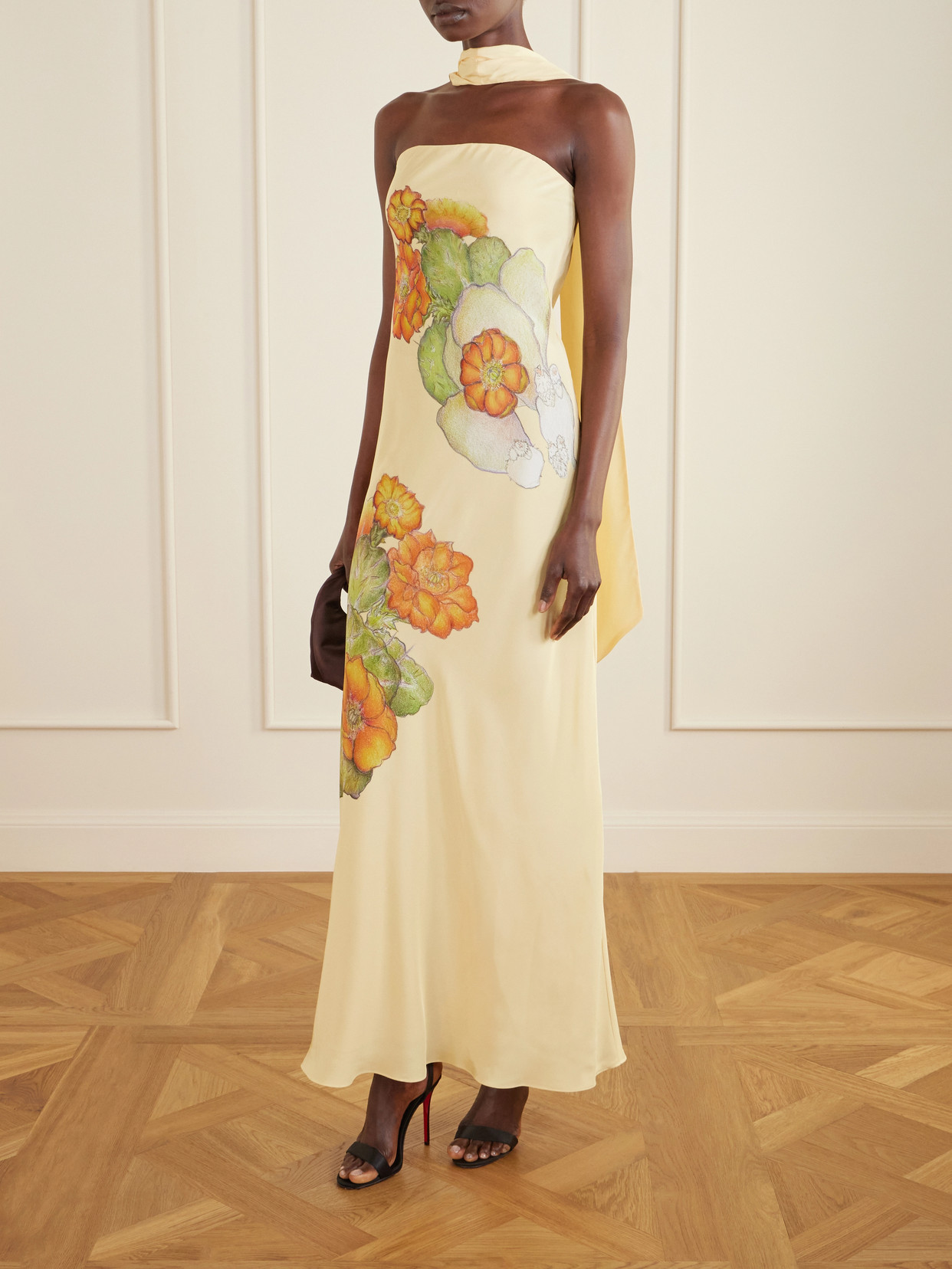 Strapless Scarf-detailed Floral-print Silk-crepe Gown - Yellow