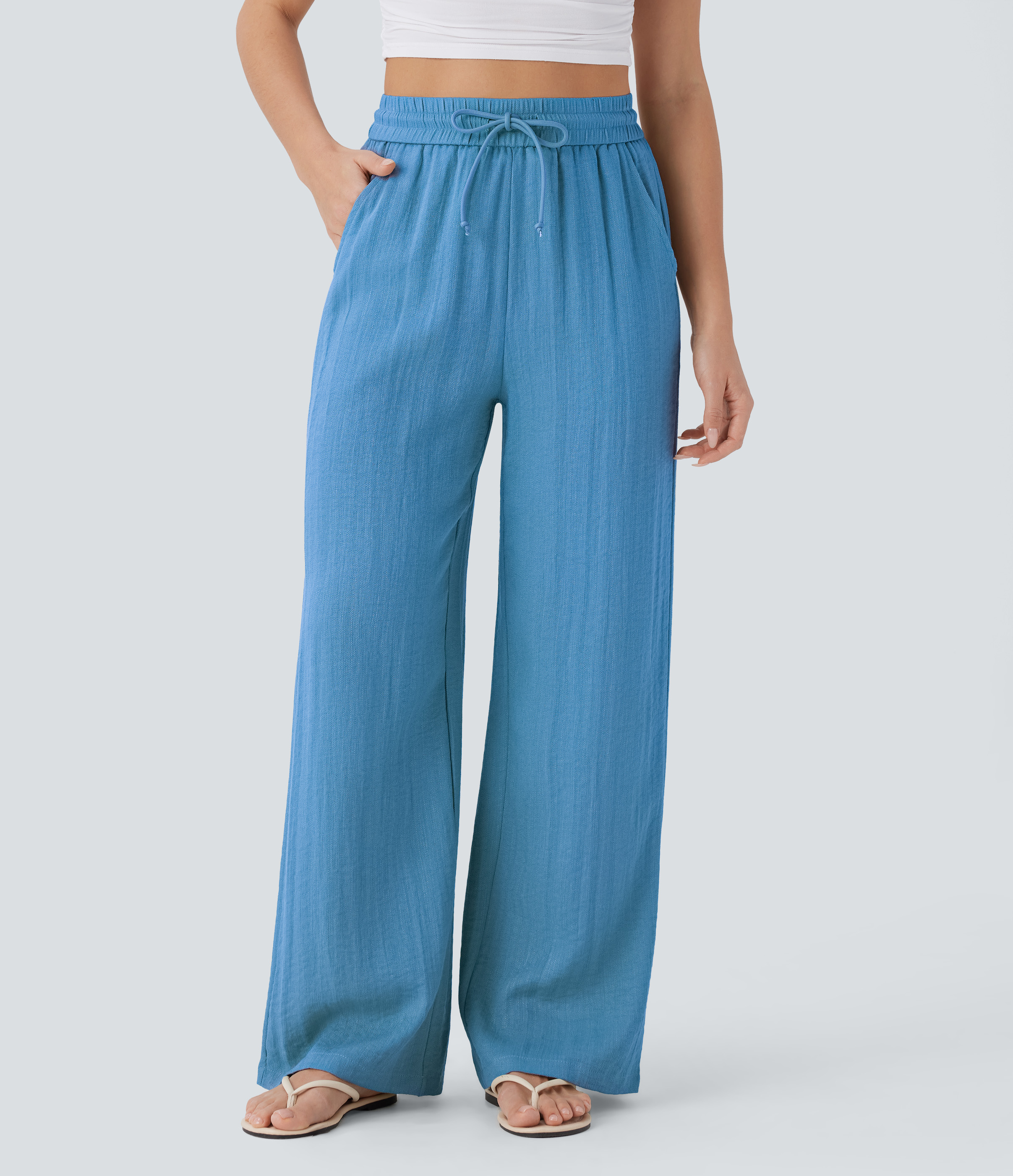 High Waisted Drawstring Pocket Wide Leg Baggy Casual Linen-Feel Pants  - Azure Blue