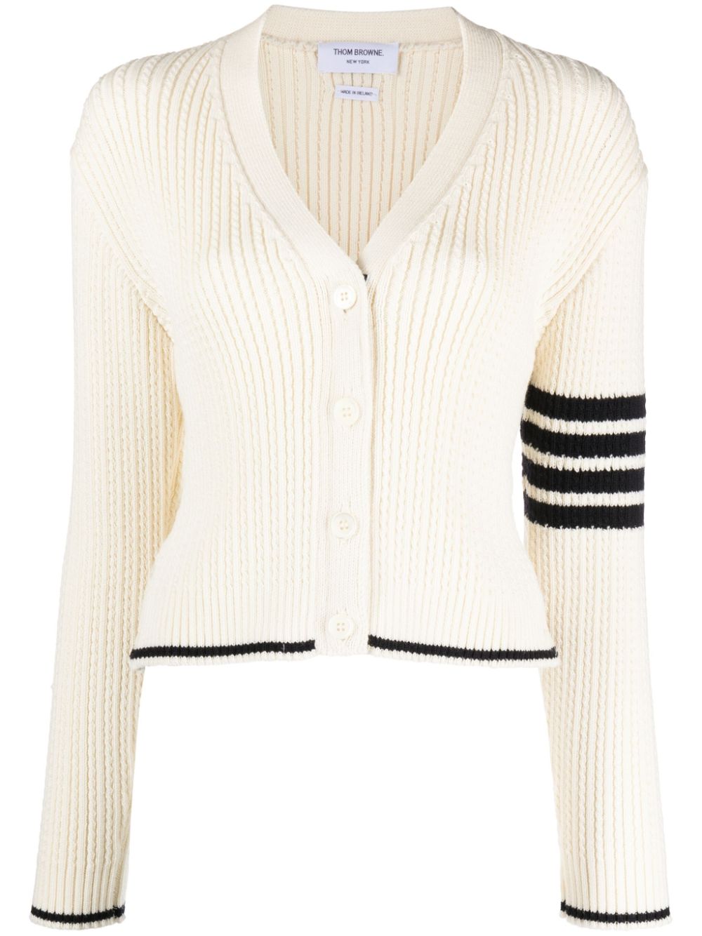Stripe-detailing cable-knit cardigan - White
