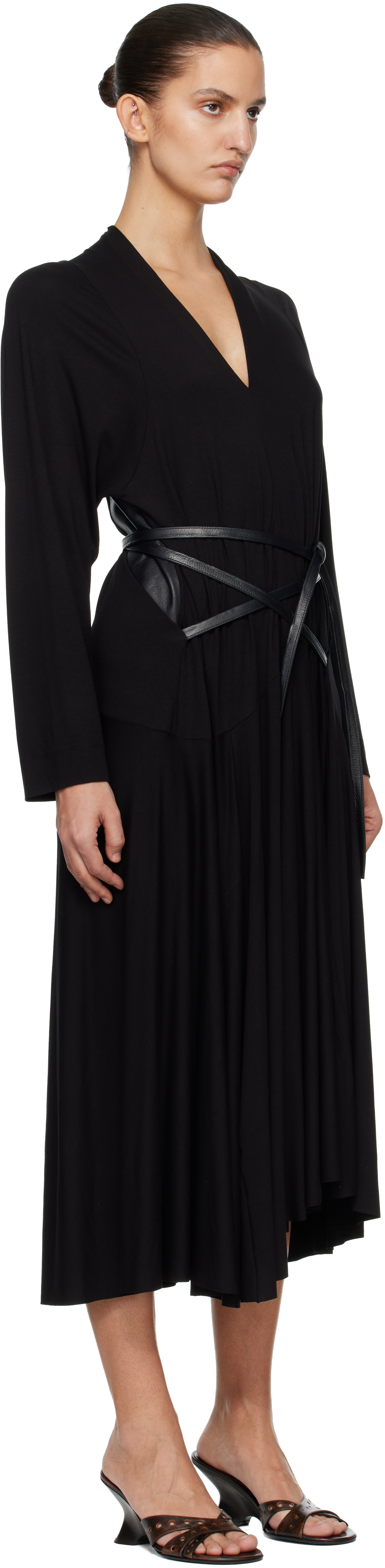 Black Jersey & Leather Wrap Midi Dress