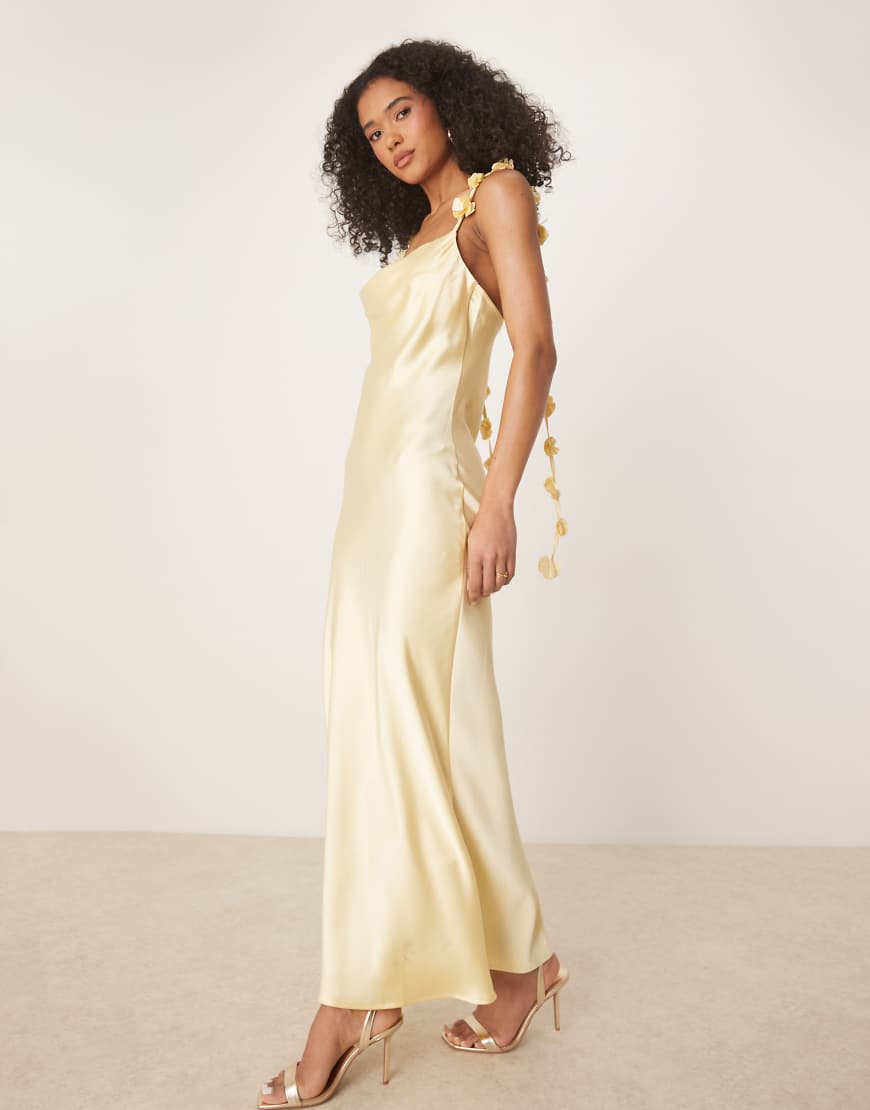 Gina Tricot satin cowl neck dress with 3D floral applique in lemon yellow