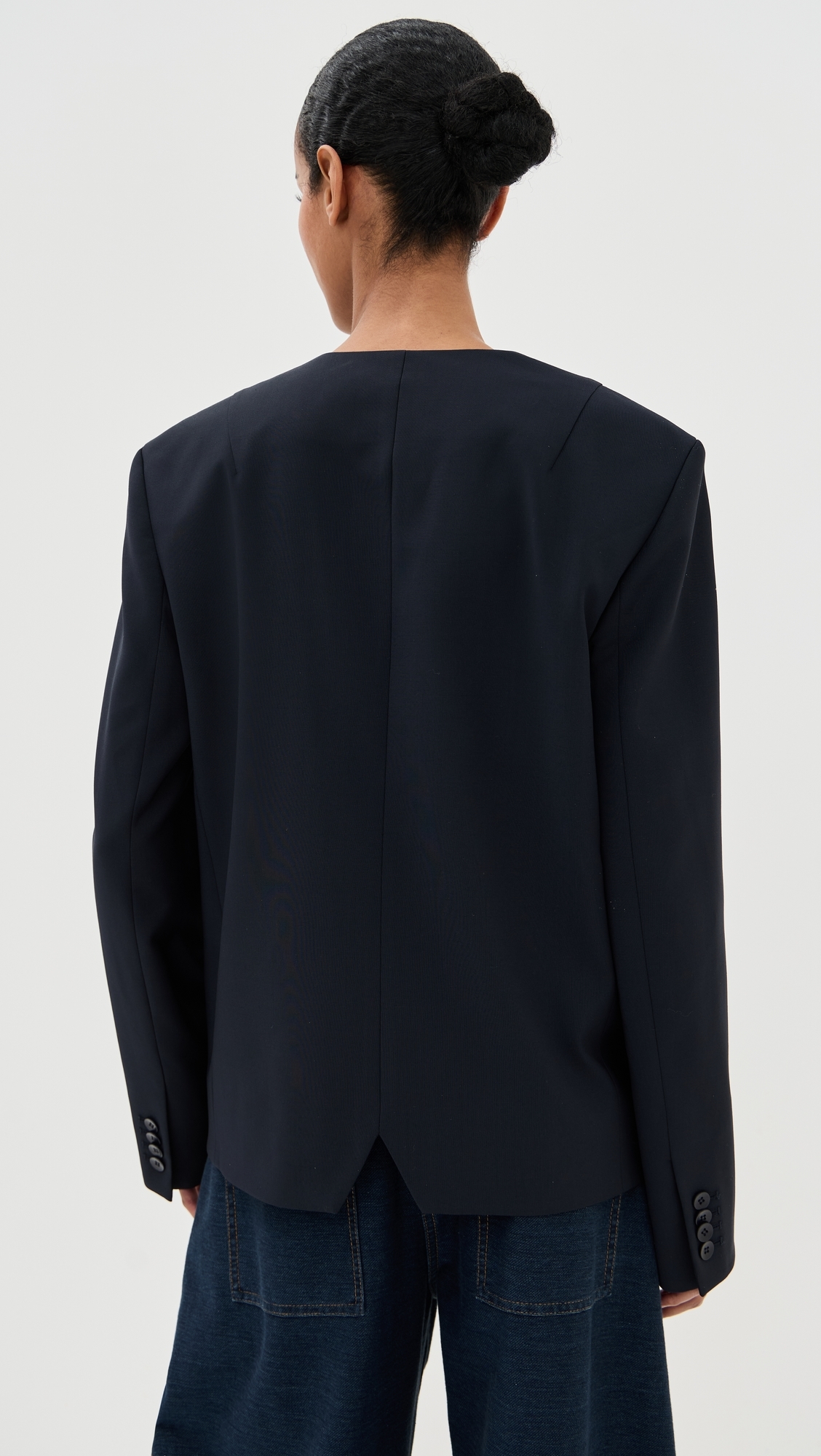 Tibi Tropical Wool Collarless Blazer Navy