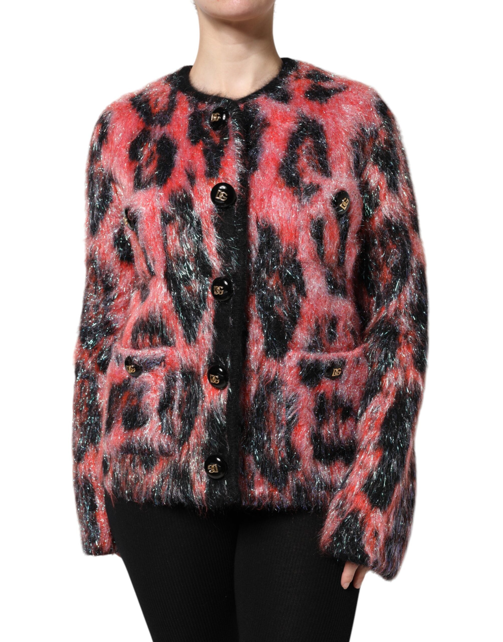 Mohair-Wool Leopard Print Cardigan — Red