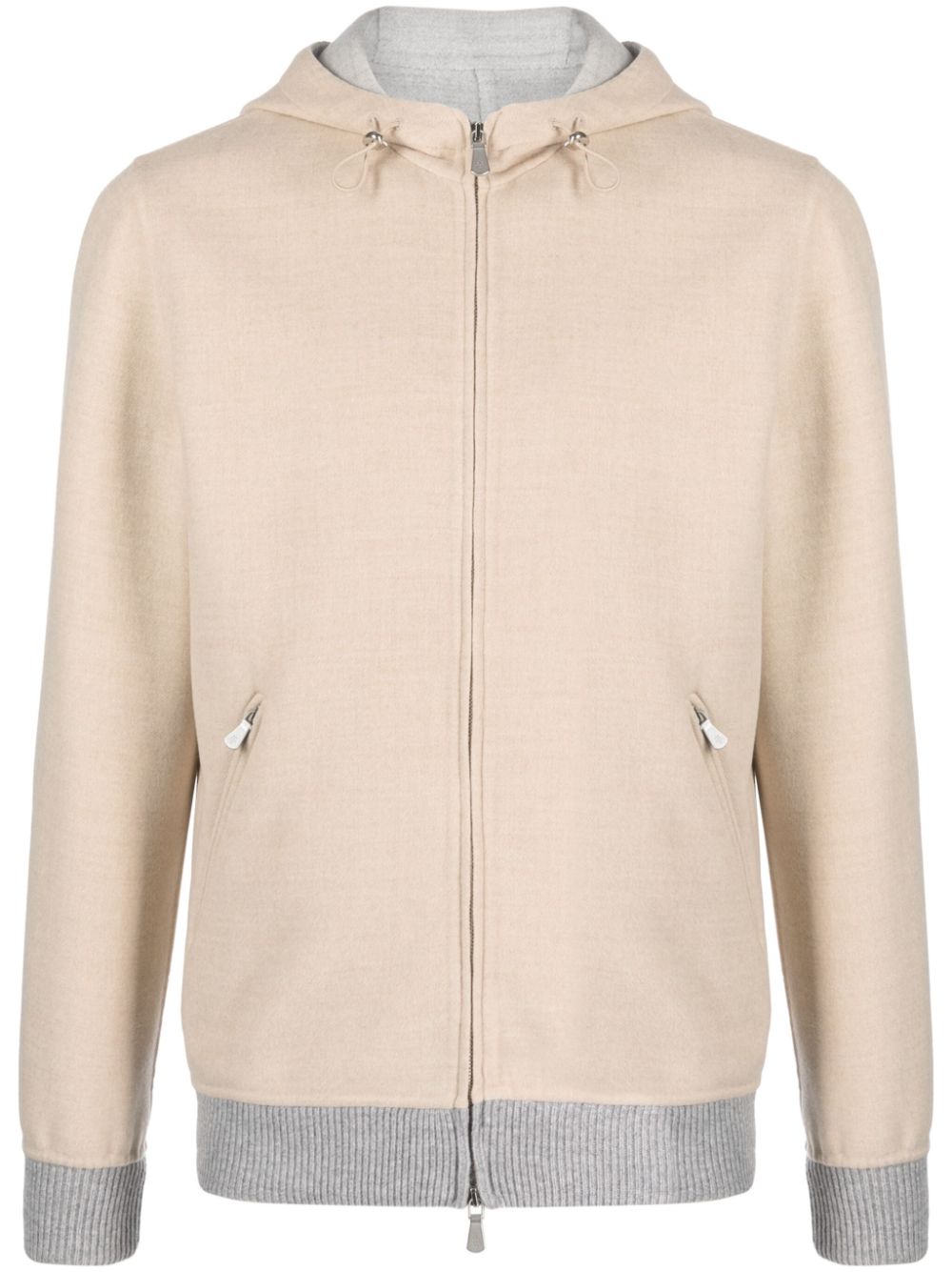 Contrasting-trim wool hooded jacket - Neutrals