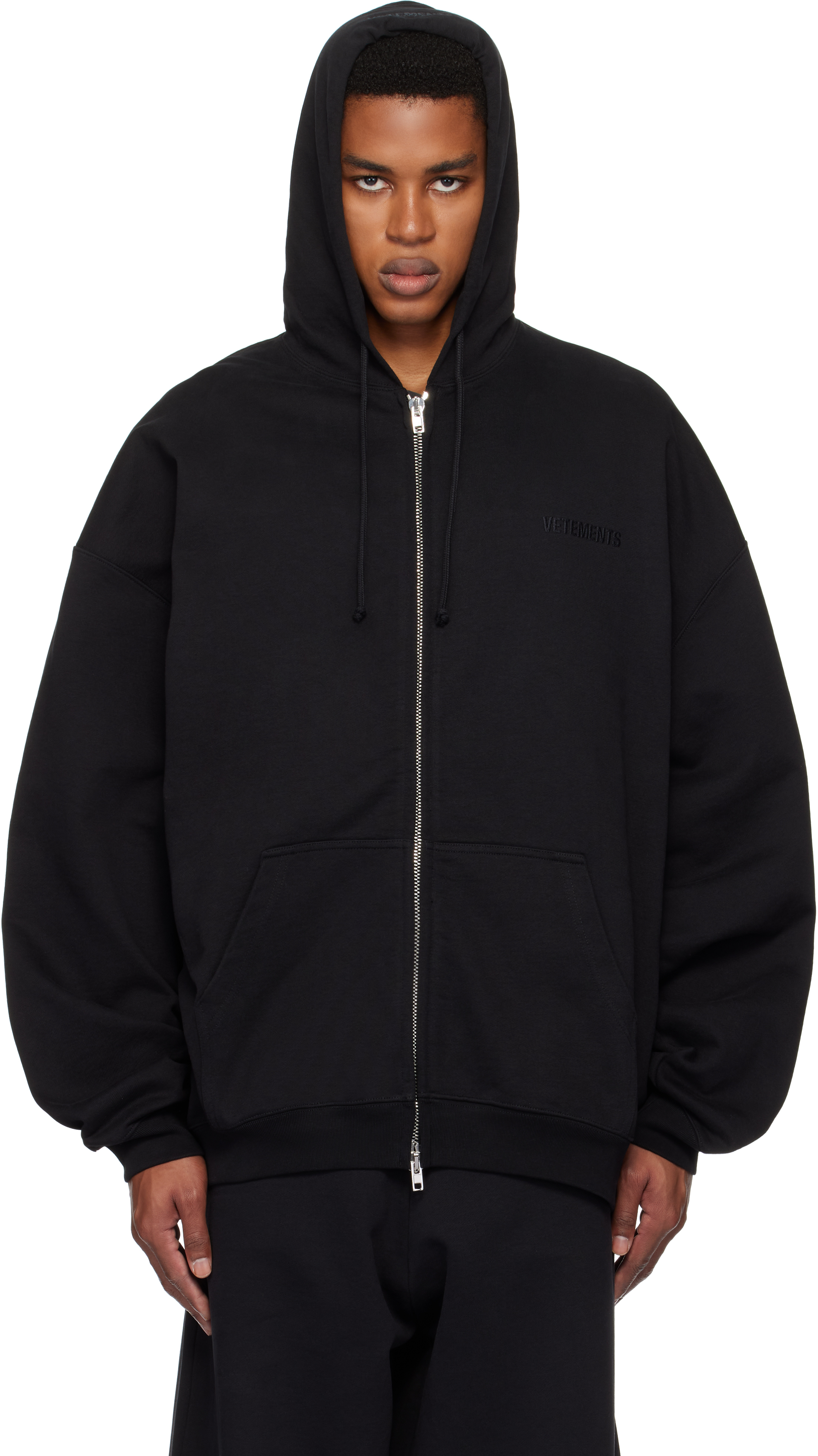VETEMENTS Black Embroidered Logo Oversized Zip-Up Hoodie