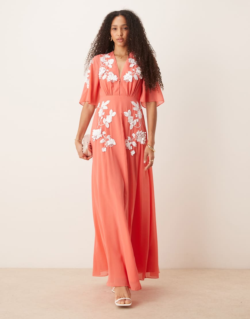 Plunge front embellished v-neck maxi dress in light coral-pink