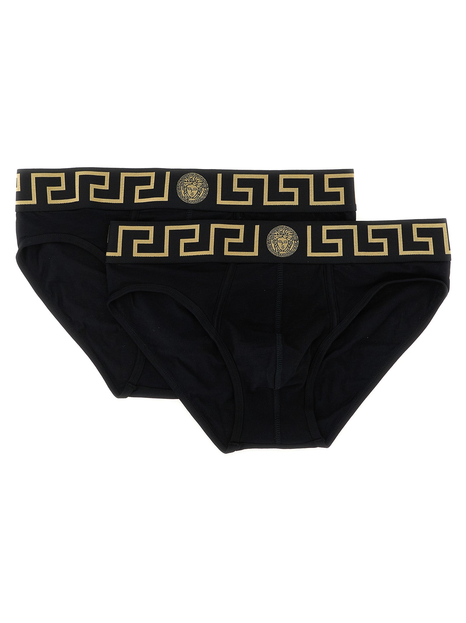 Greca-Trimmed Cotton Briefs — Black