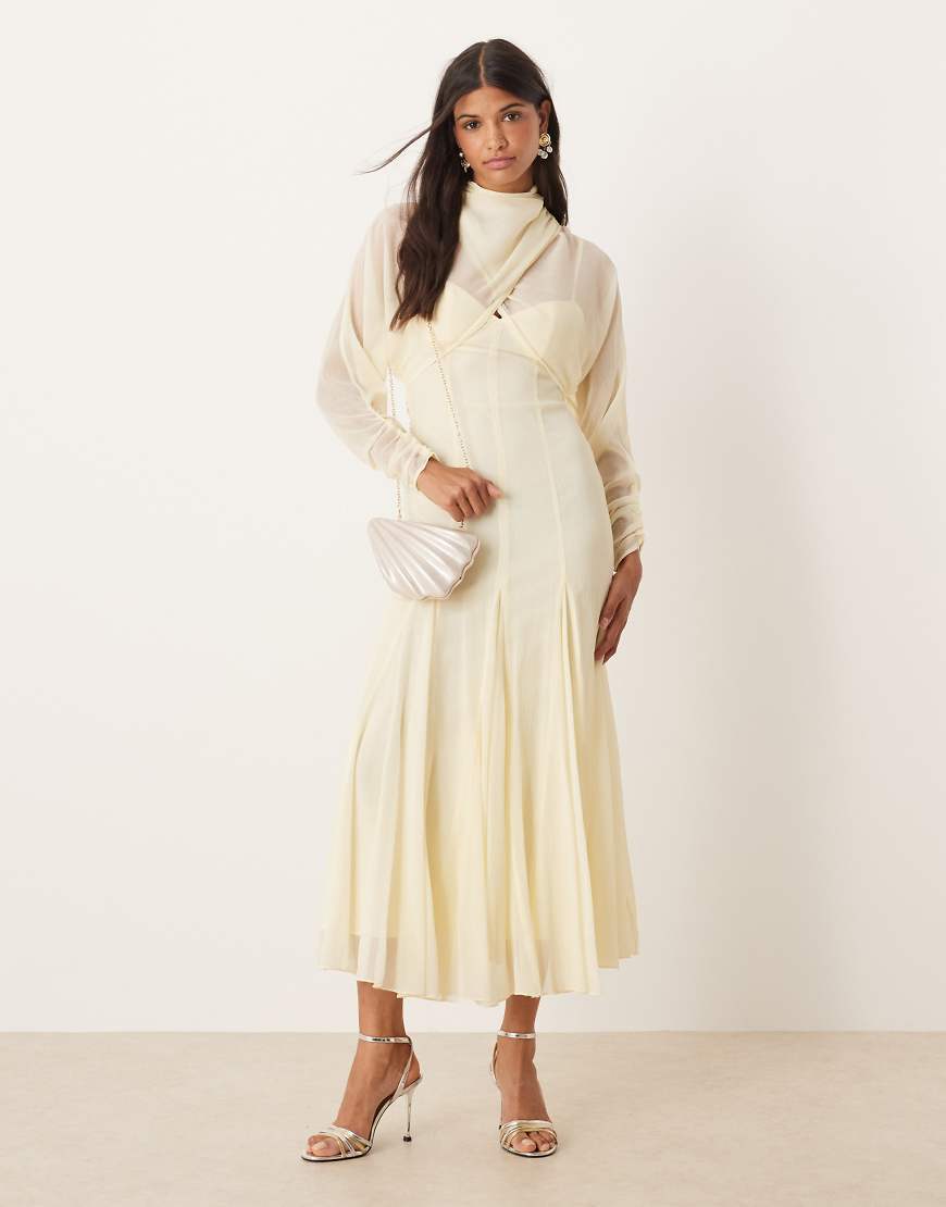 Long sleeve wrap over top dress with godet full skirt and low back midi dress in buttermilk-Yellow