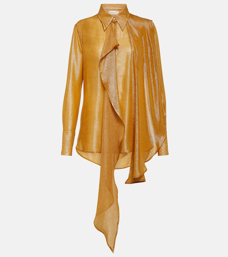 Draped tie-neck lamé blouse