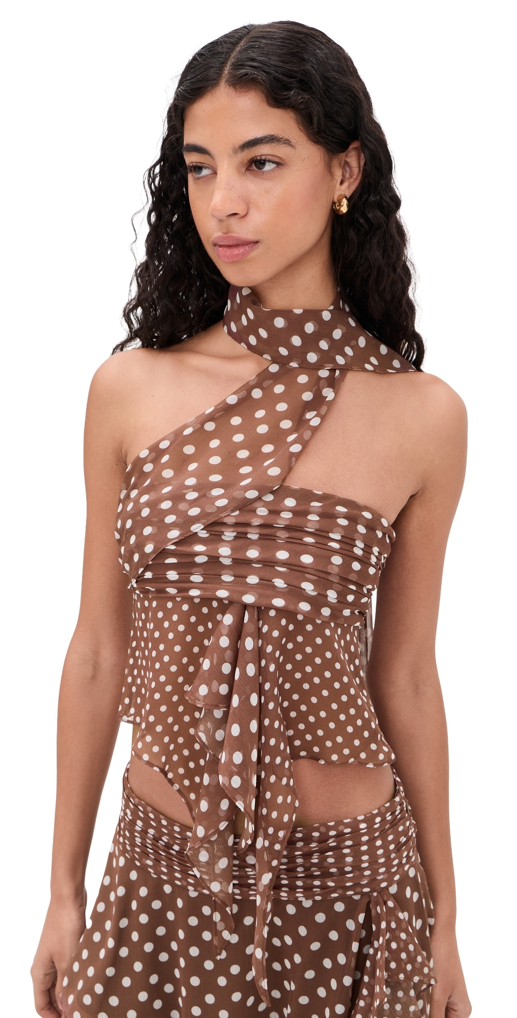 Crinkled Dot Chiffon Wrap Top Espresso