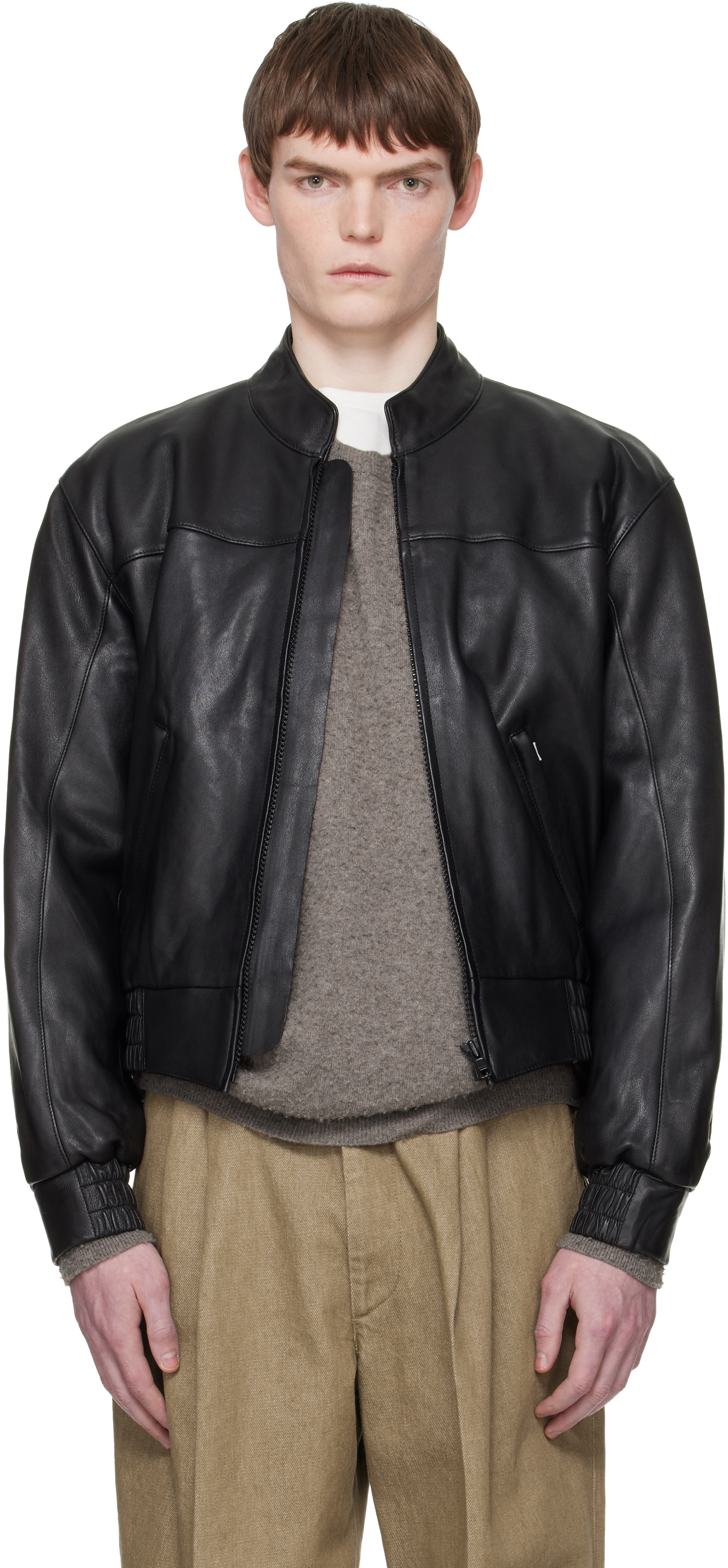 Black Leather Polo Biker Jacket