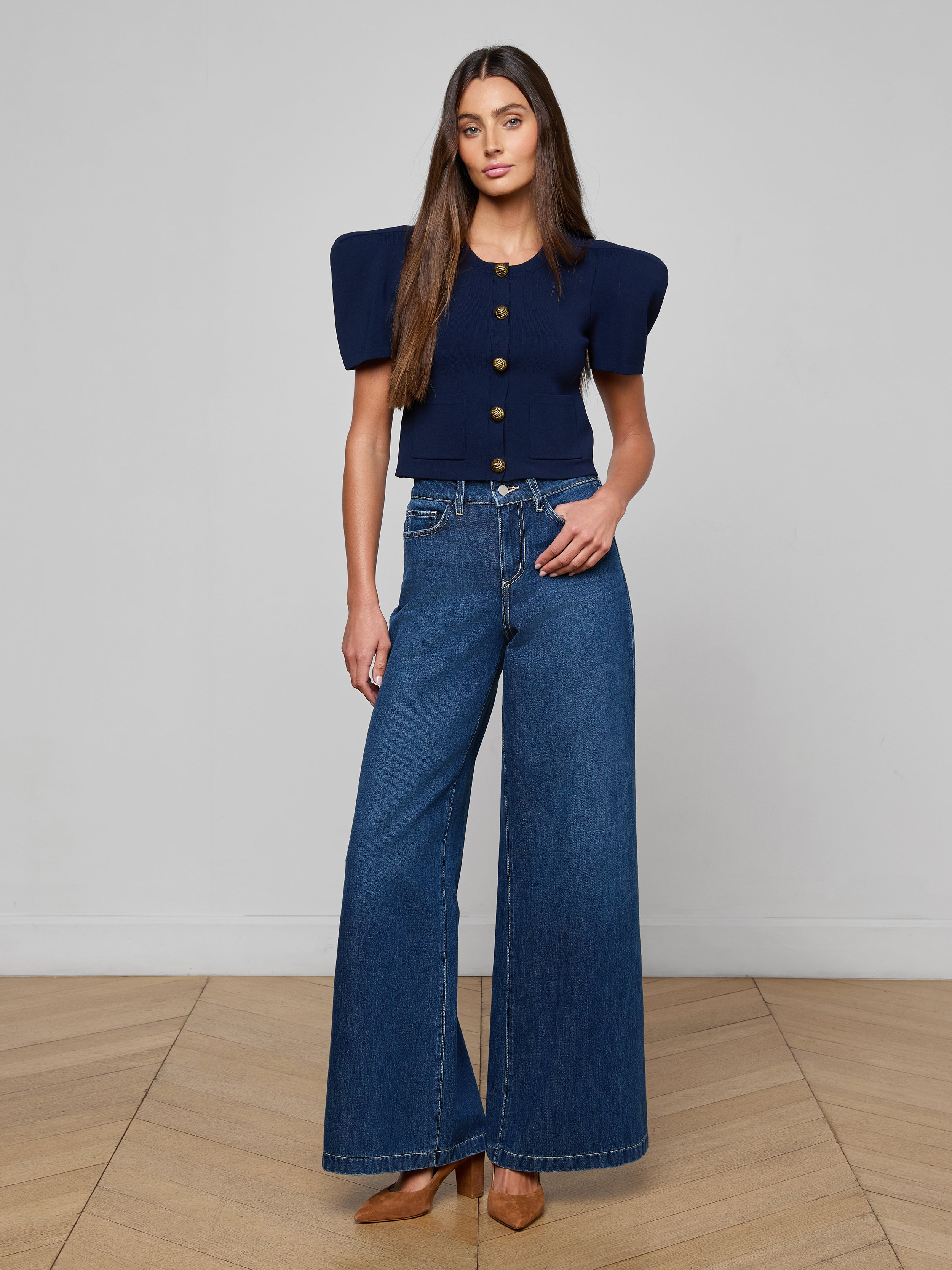 Britt Statement Shoulder Cardigan In Midnight/gold