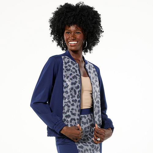 Byron Lars Animal Print Sequin Knit Bomber Jacket - Wine Animal