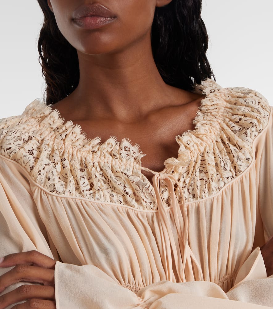 Chloé Shirred cropped lace-trimmed silk blouse