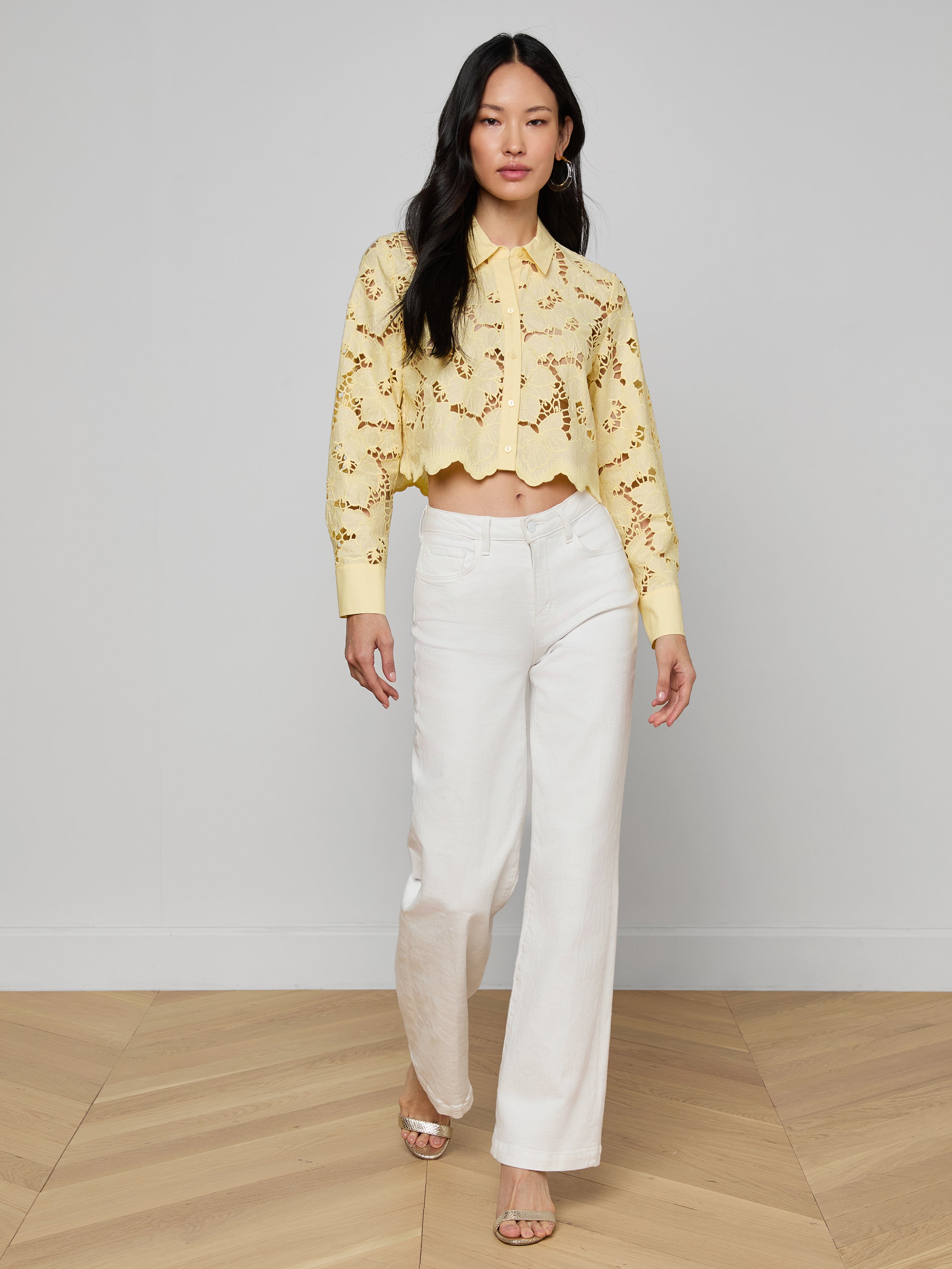 Seychelle Cropped Eyelet Blouse Top In Lemon Sorbet