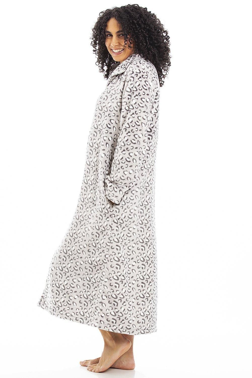 Camille Women's Supersoft Fleece Zip Up Animal Print Robes in Light Grey