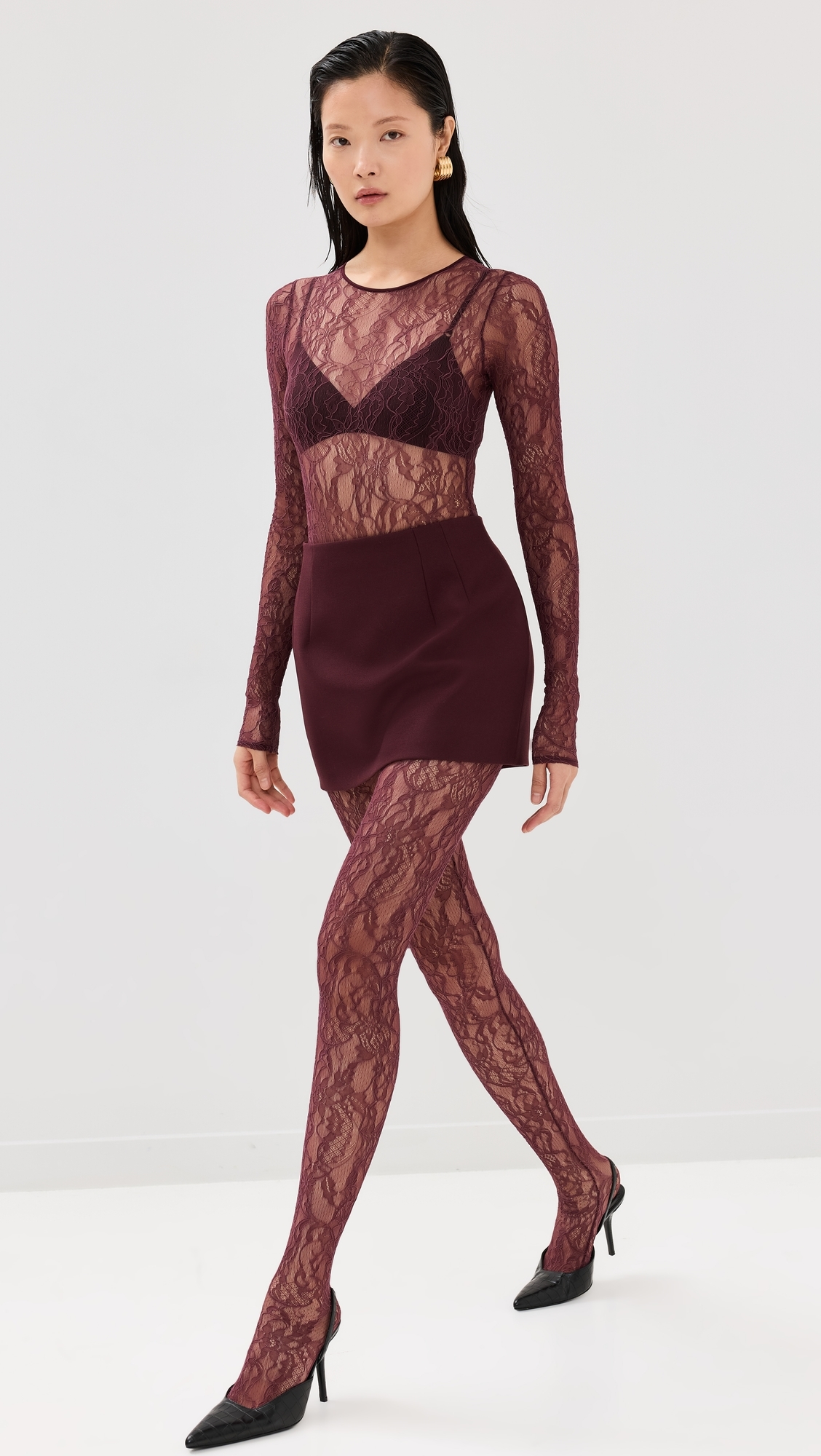 WARDROBE. NYC Lace Tights Oxblood