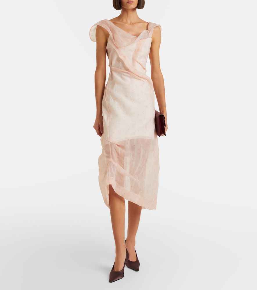 Asymmetric ruched organza midi dress