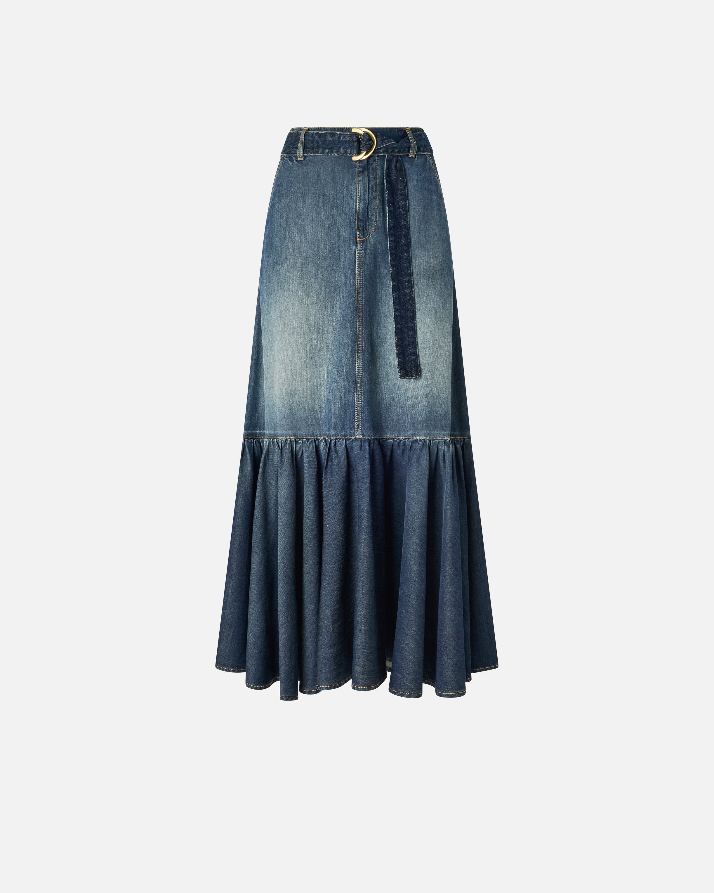 Long denim skirt with flounce and belt - 36