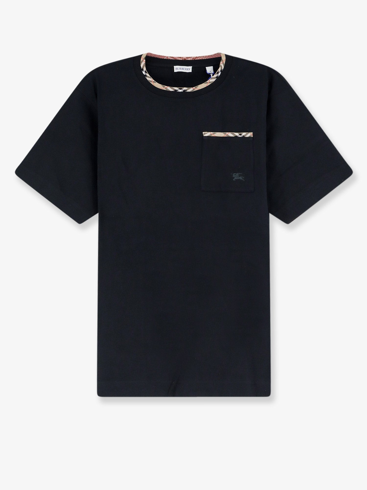 Check-Trim Cotton T-Shirt — Black