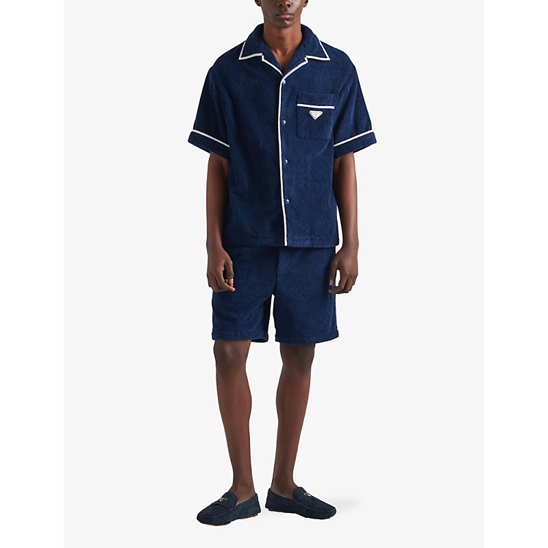 Mens Blue Brand-plaque Cotton Bowling Shirt 