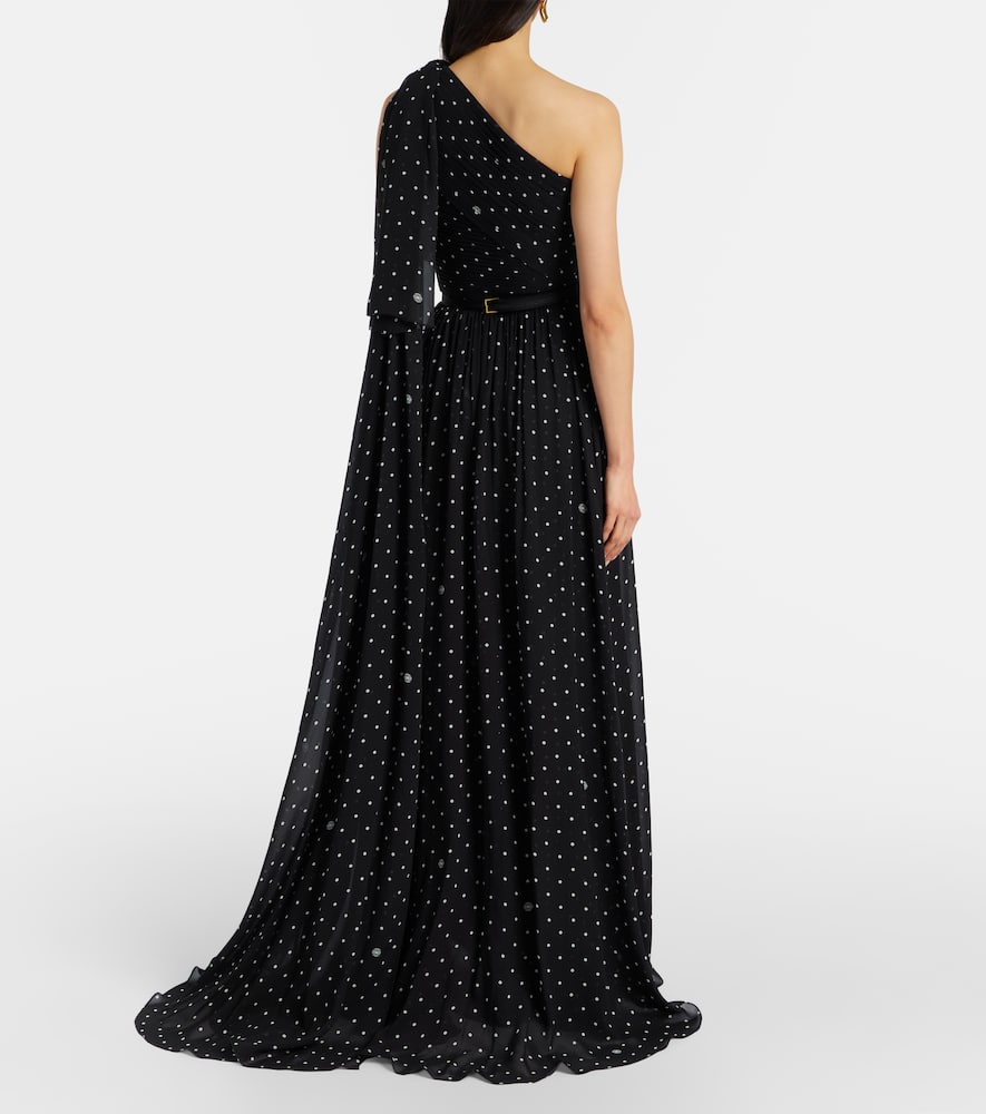 Polka-dot one-shoulder gown