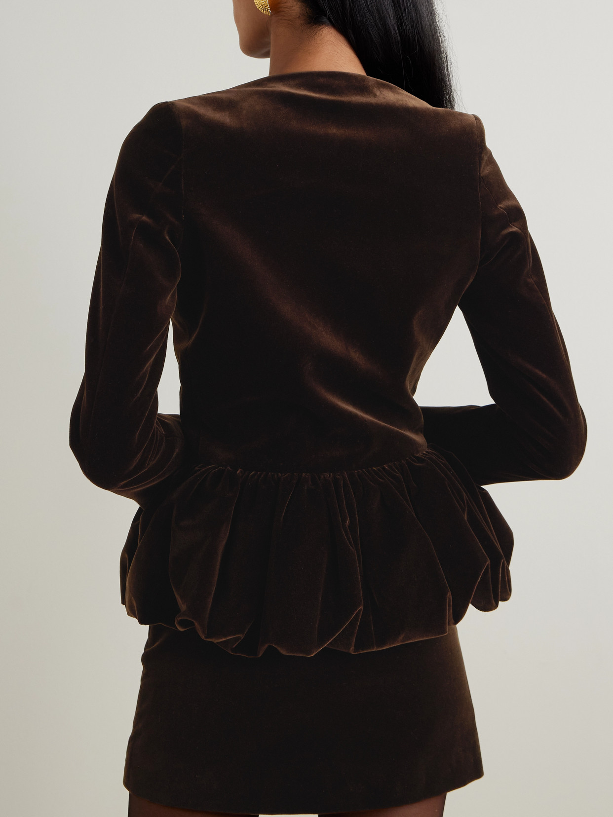 Cotton-velvet Peplum Jacket - Brown