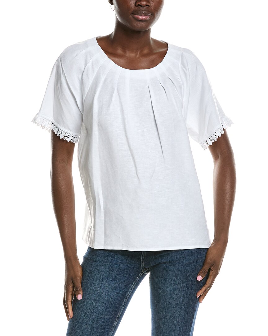 Pleated Neck Raglan Linen-Blend Blouse