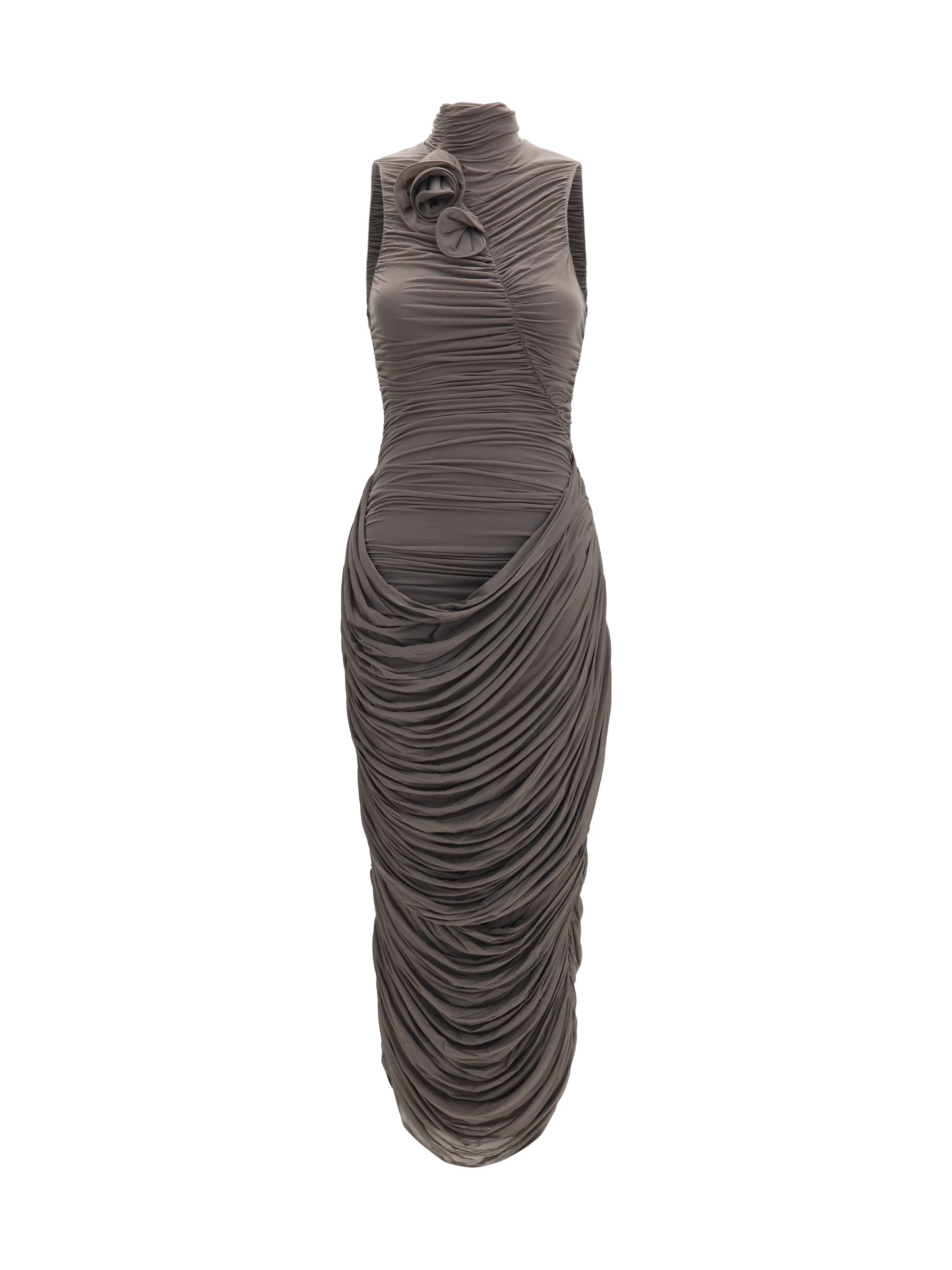 Draped High-Neck Midi Dress — Brown