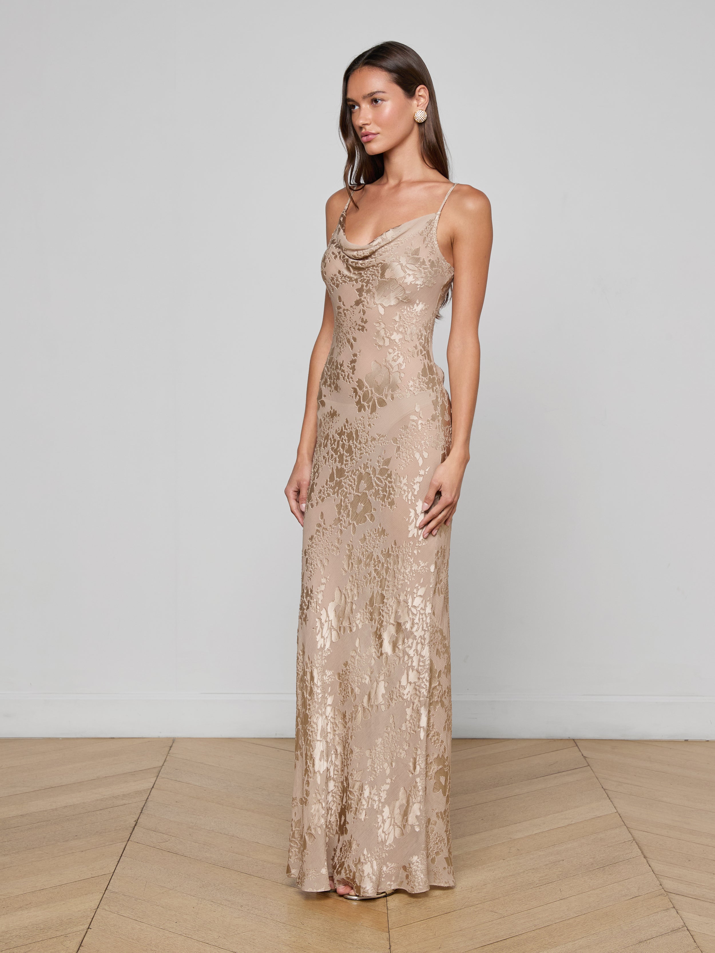 Christine Burnout Satin Gown In Feather Grey