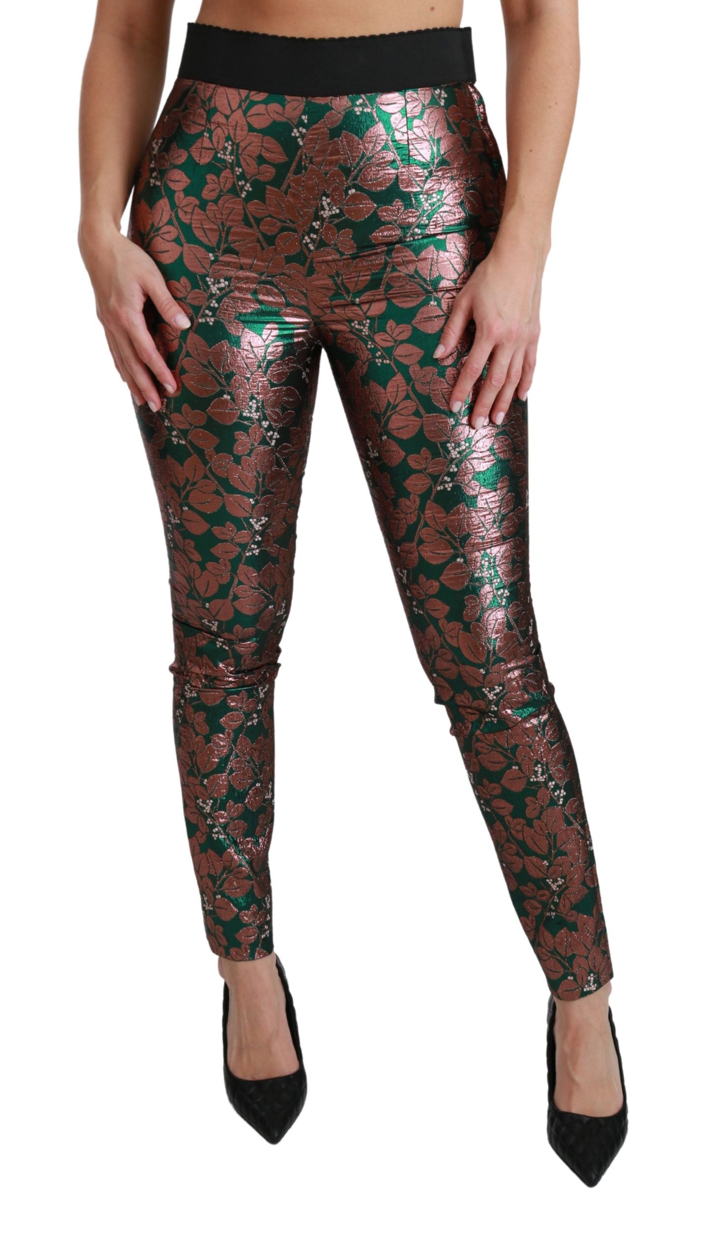 Metallic Leaf-Print Jacquard Leggings — Bronze