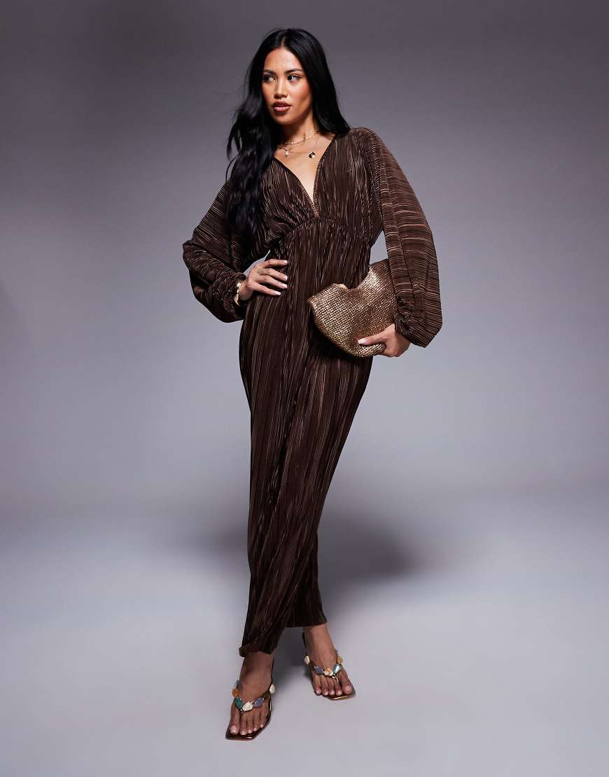 Plisse balloon sleeve V front midi dress in chocolate-Brown