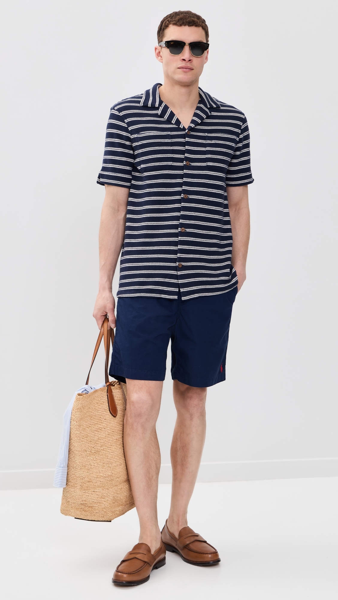 Short Sleeve Stripe Knit Collared Shirt Newport Navy/Pale Cream