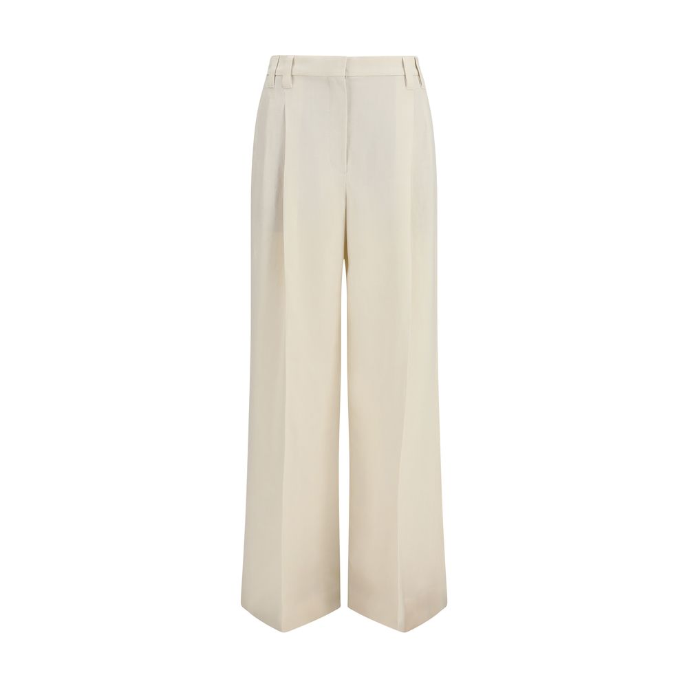 Wide-Leg Viscose Twill Trousers — Beige