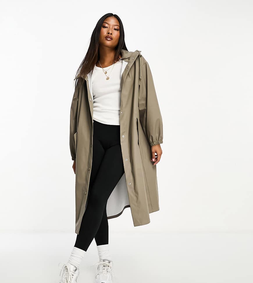 ASOS DESIGN Petite rubberized rain parka coat in mushroom-Brown