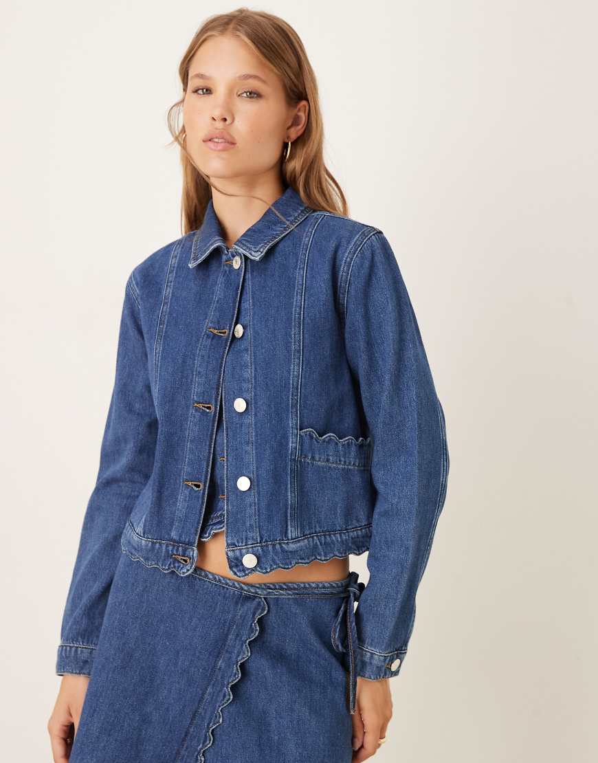 Scallop denim jacket co-ord in mid wash-Blue