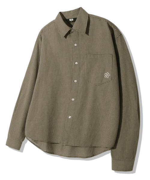 Flower Embroidery Crop Check Shirt_Khaki