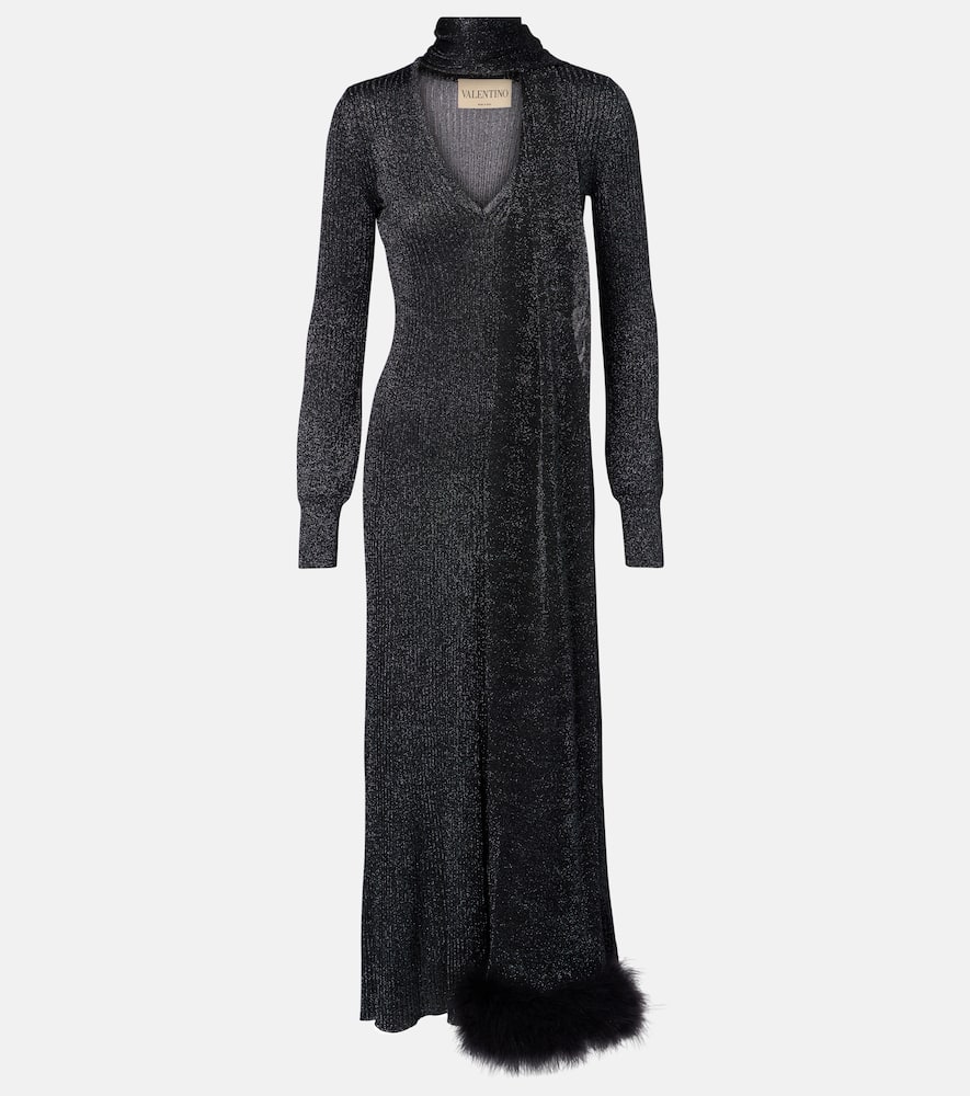 Feather-trimmed lamé maxi dress