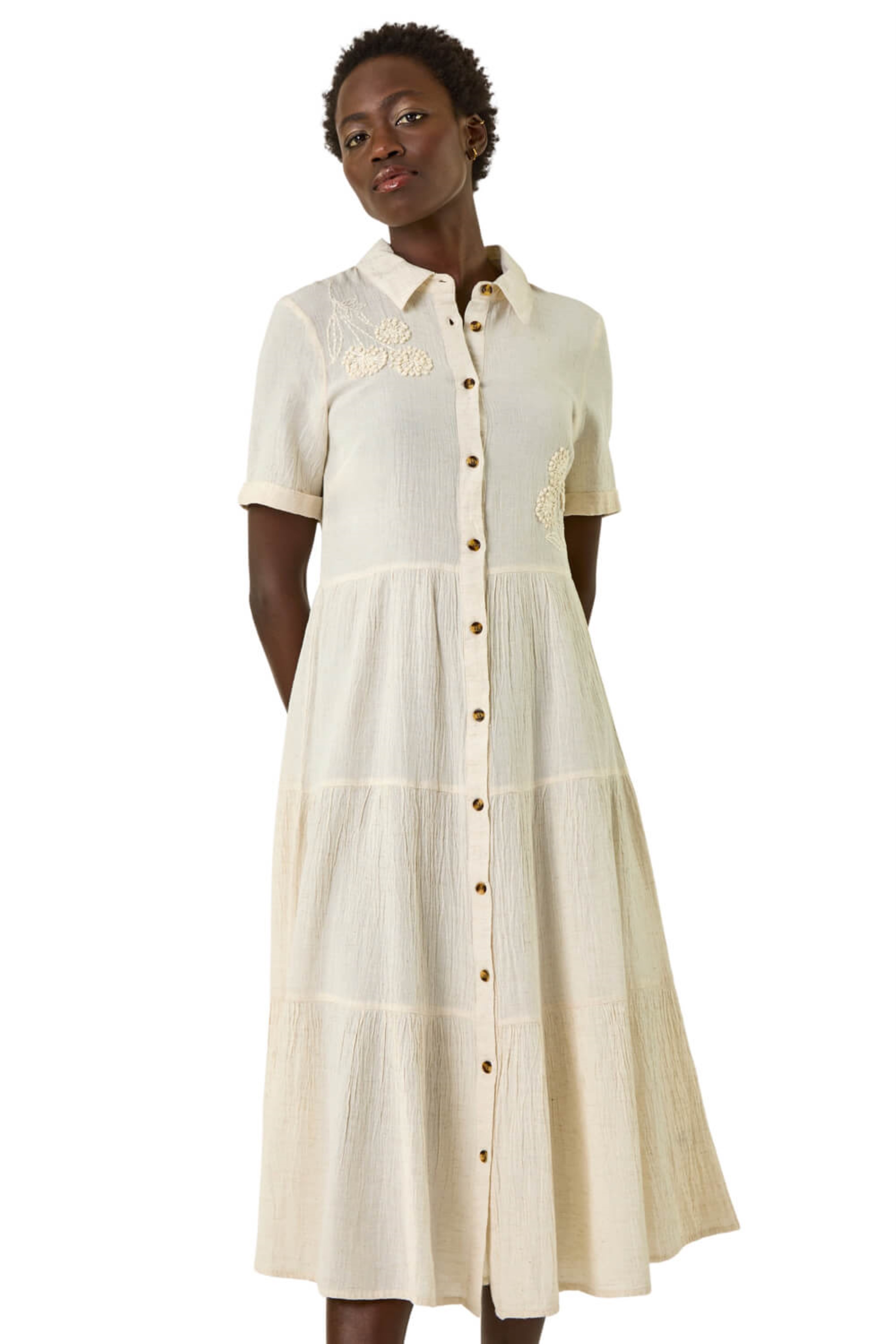 Roman Womens Embroidery Detail Tiered Midi Dress - Natura