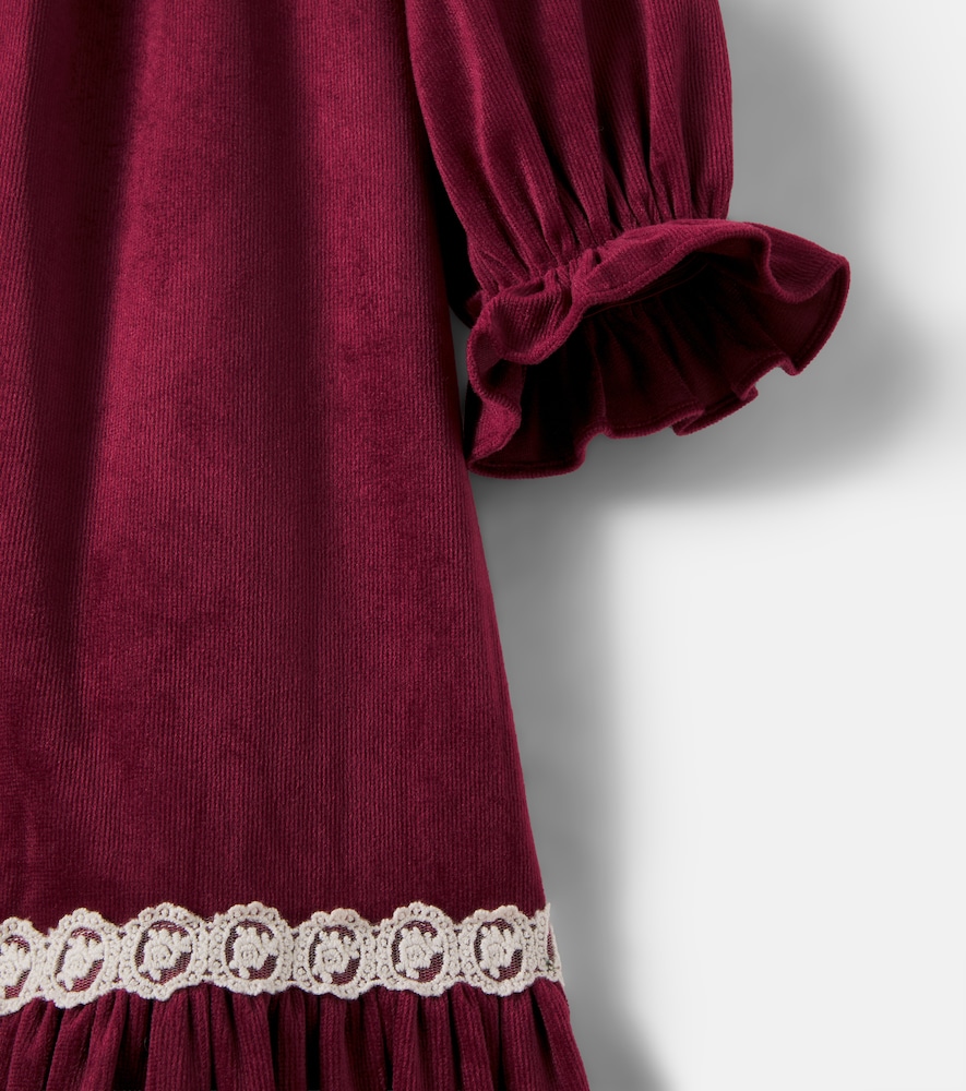 Lace-trimmed ruffled velvet dress