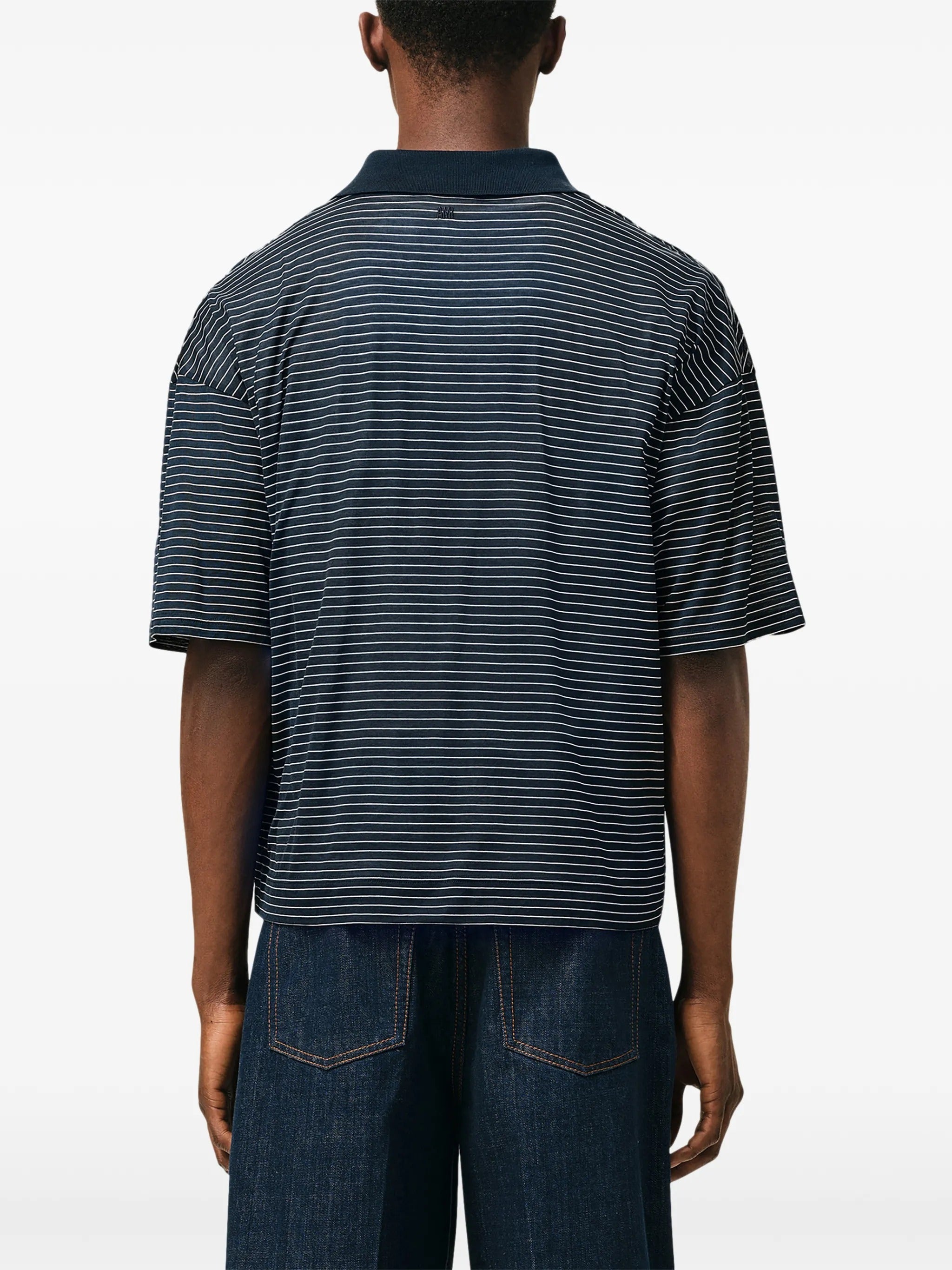 Ami Paris Striped Boxy Fit Polo With Ami De Coeur Patch